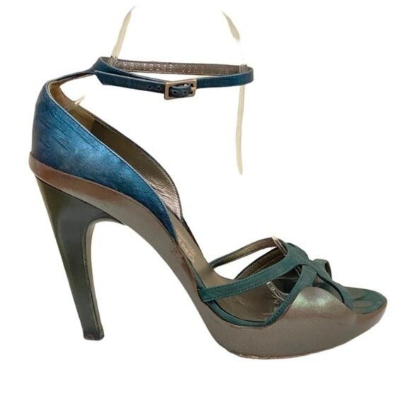 Salvatore Ferragamo Leather Metallic Gray and Teal Ankle Strap Heels Size 7.5 - Picture 1 of 6